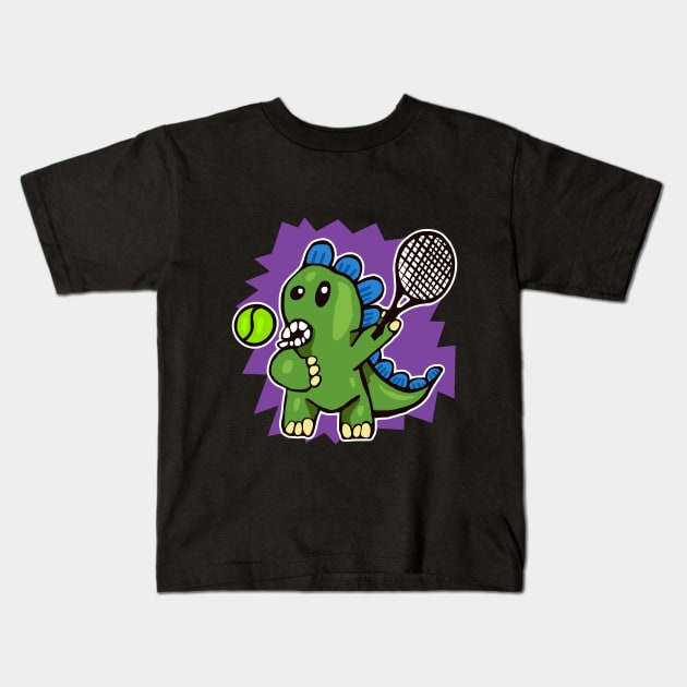 Dinosaur Playing Tennis Purple Background Kids T-Shirt by wildjellybeans